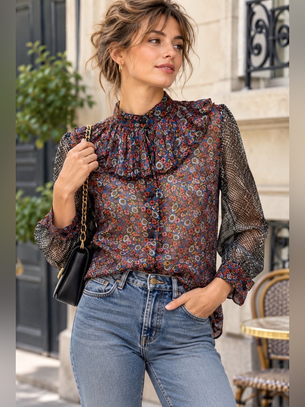 Manoush Paris Mixed Print Sheer Accordion Ruffle-Neck Blouse Inspired by Y2K (S)
